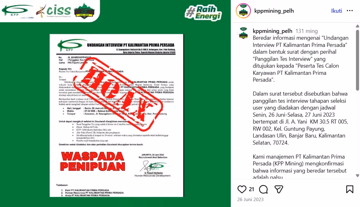 Contoh Panggilan Kerja Palsu PT. Kalimantan Prima Persada