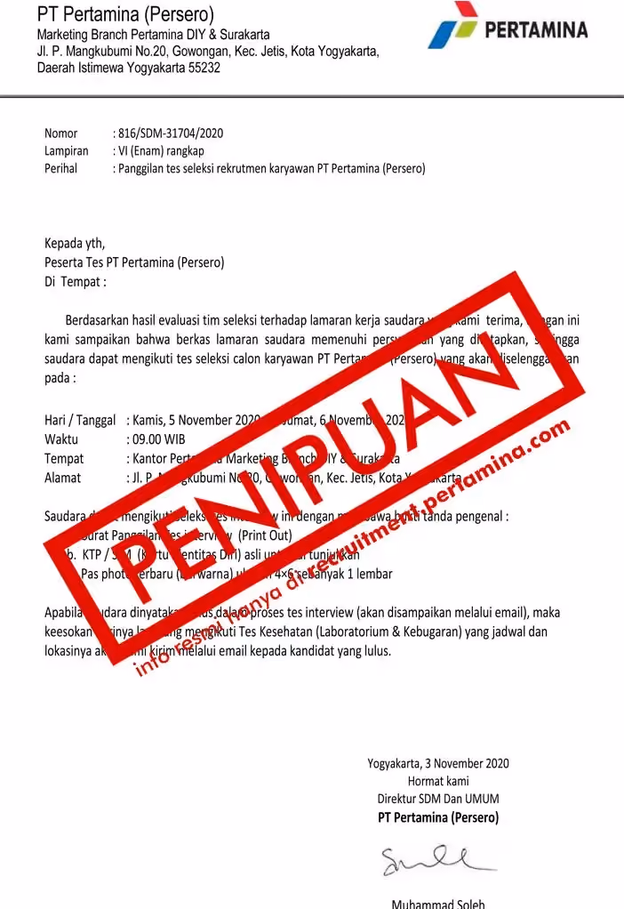 Contoh panggilan kerja palsu PT. Pertamina