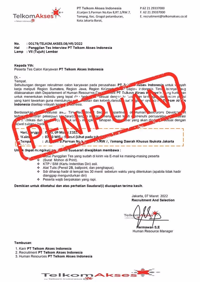 Contoh panggilan kerja palsu PT. Telkom Akses Indonesia