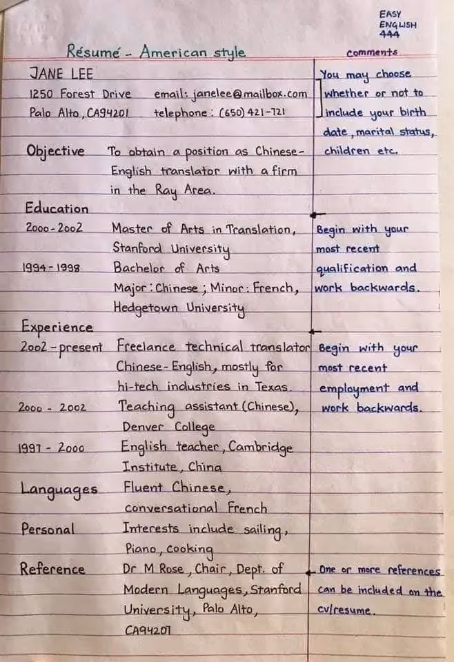 Resume tulisan tangan American-style