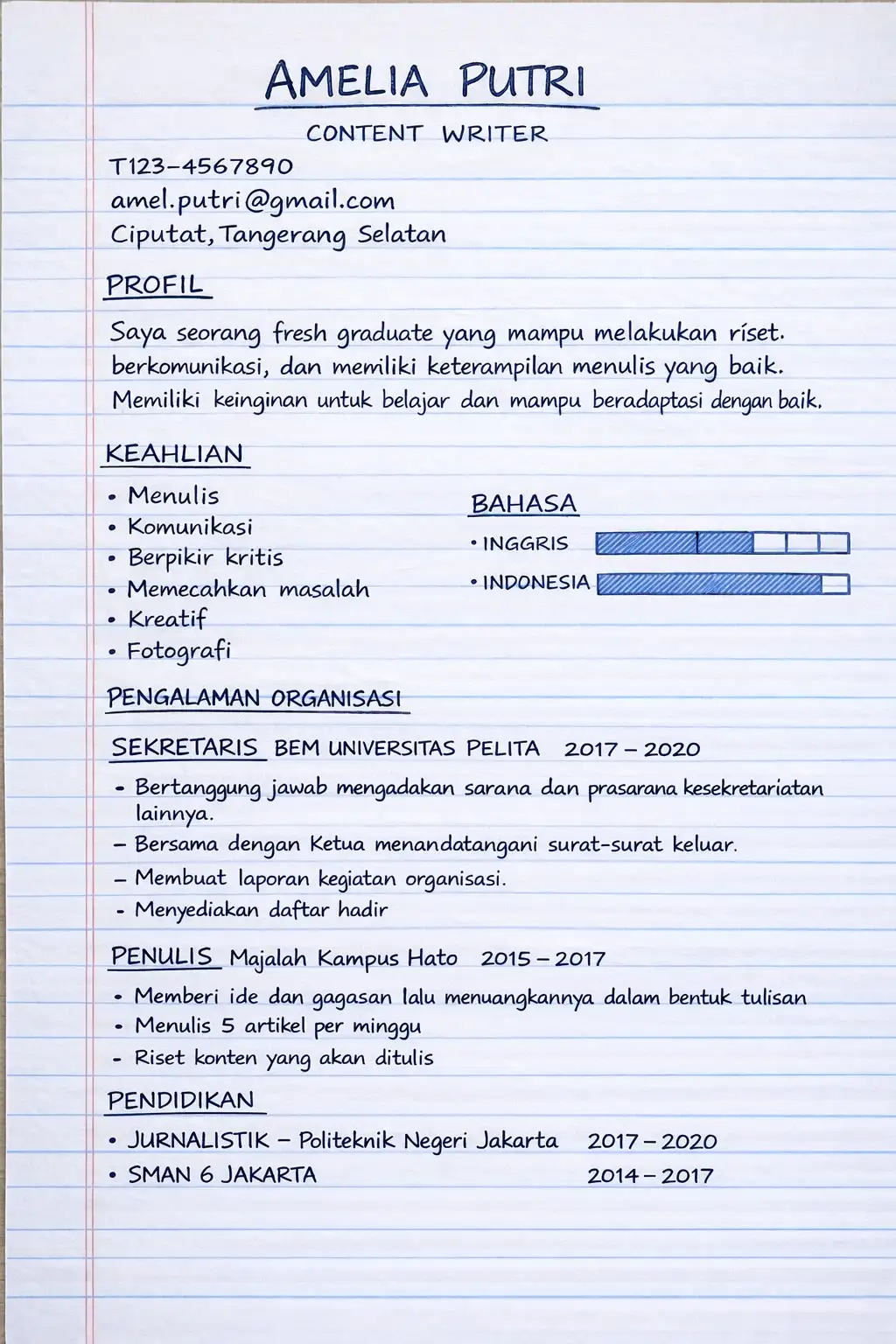 Resume tulisan tangan content writer