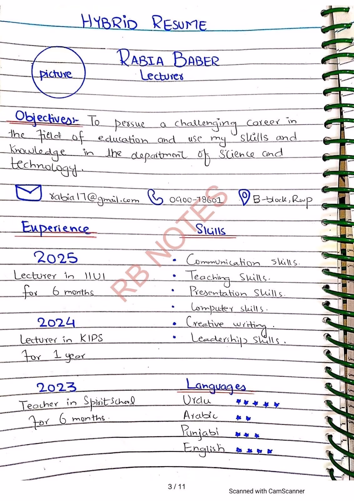 Resume tulisan tangan sederhana