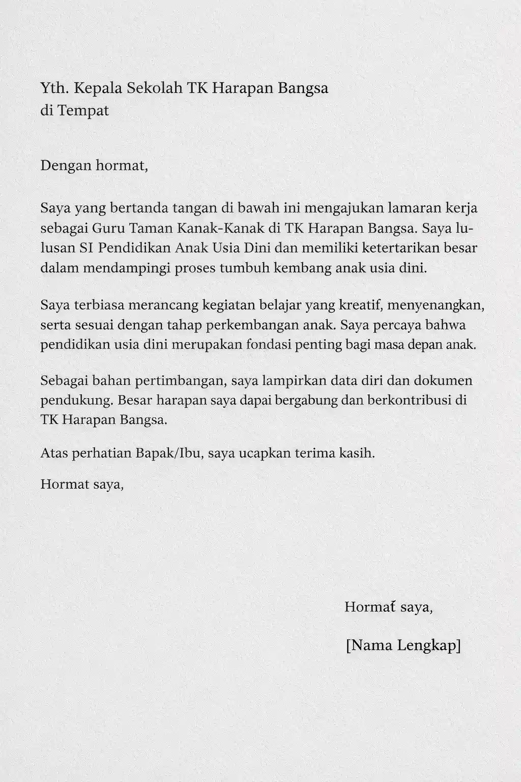 Contoh Surat Lamaran Kerja Guru TK