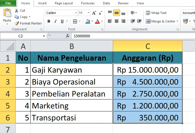 Tabel Excel Menampilkan Anggaran Pengeluaran dengan Format Rupiah