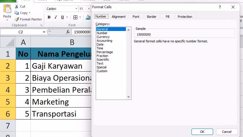 Jendela Format Cells di Excel pada Tab Number