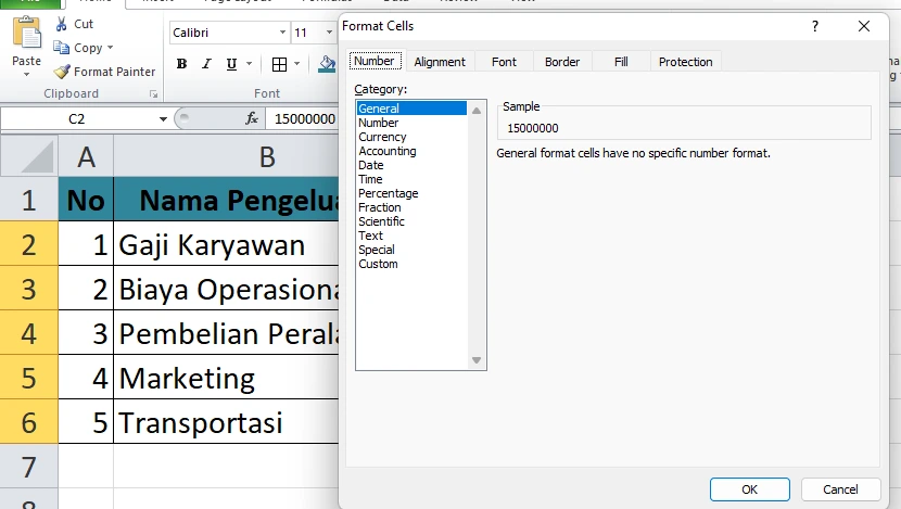 Jendela Format Cells di Excel pada Tab Number