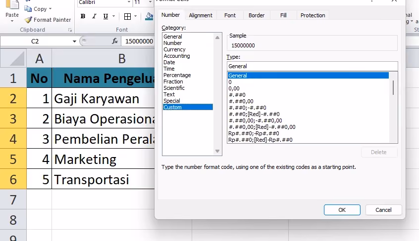 Menu Custom pada Format Cells di Excel untuk Membuat Format Angka Sendiri