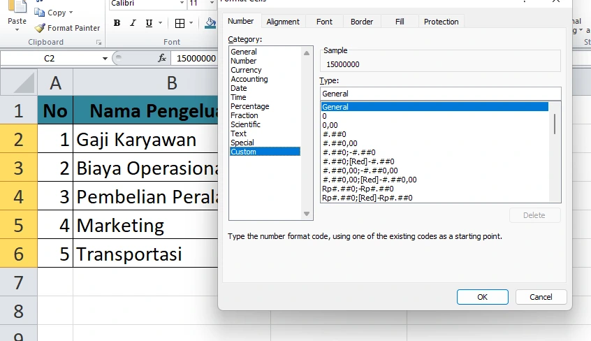 Menu Custom pada Format Cells di Excel untuk Membuat Format Angka Sendiri