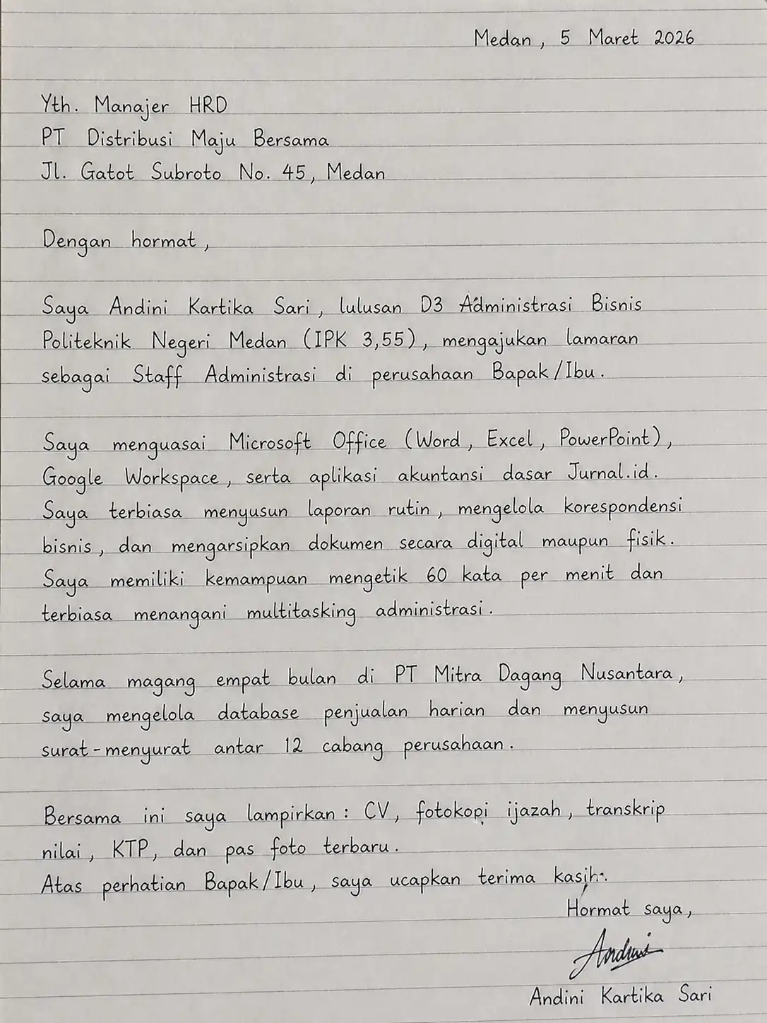 Contoh Surat Lamaran Kerja Tulis Tangan untuk Posisi Admin_Staf Kantor