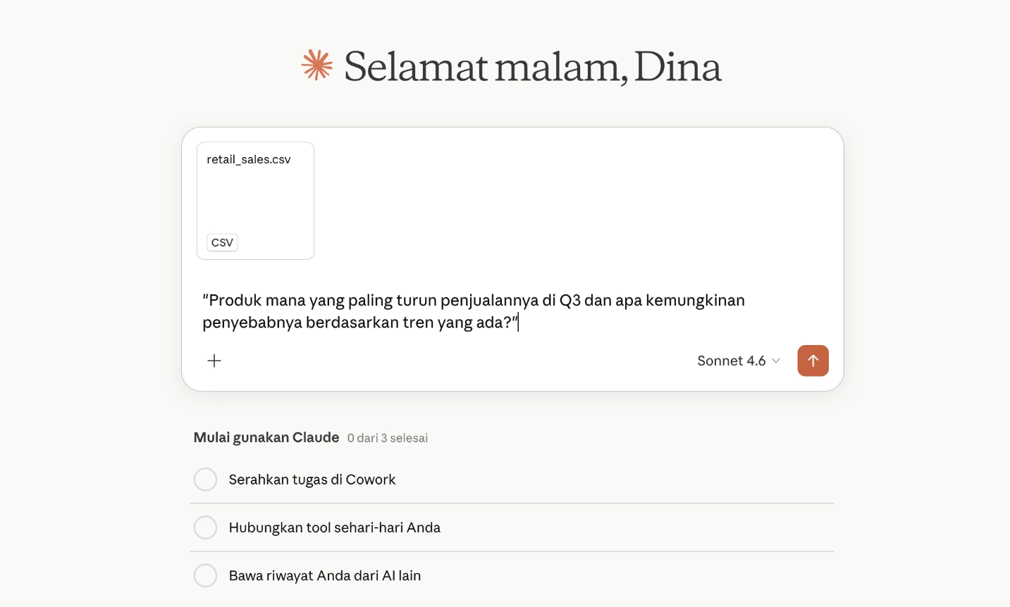Setelah file terunggah, ketik pertanyaan dalam bahasa natural langsung di kolom chat