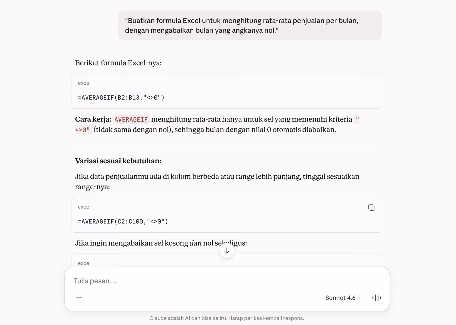 Claude AI juga bisa membantu membuat formula Excel atau query SQL