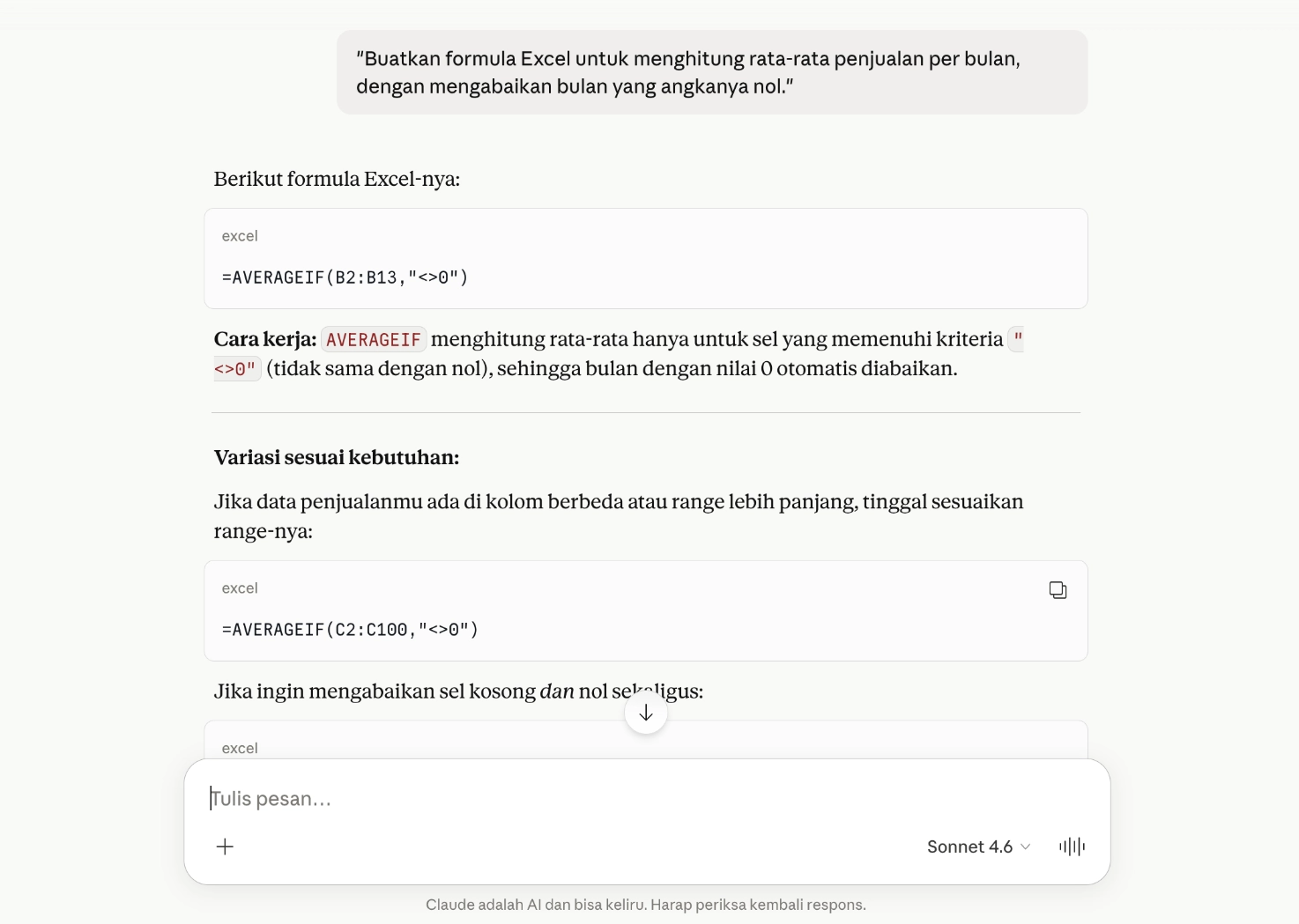 Claude AI juga bisa membantu membuat formula Excel atau query SQL