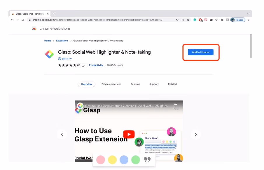 Setelah itu, klik “Add to Chrome” Glasp