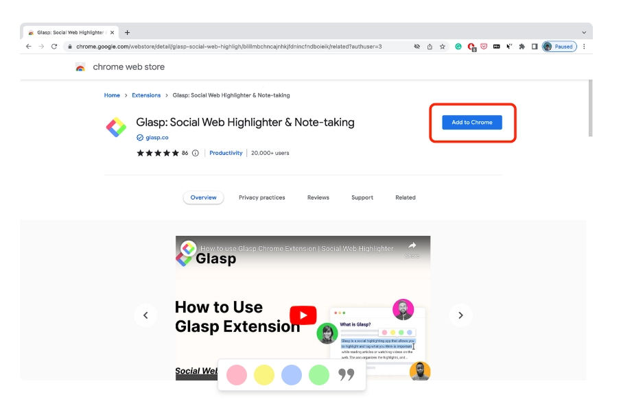 Setelah itu, klik “Add to Chrome” Glasp