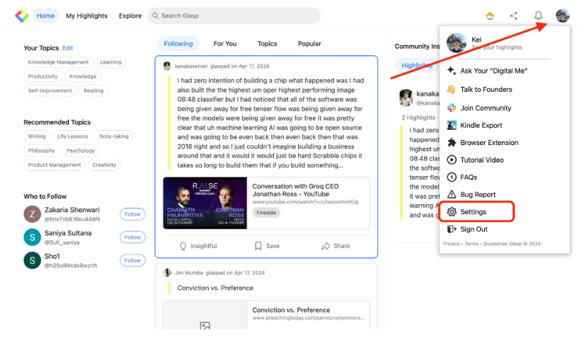 Klik ikon profil di bagian Home akun Glasp, lalu klik “Setting”.