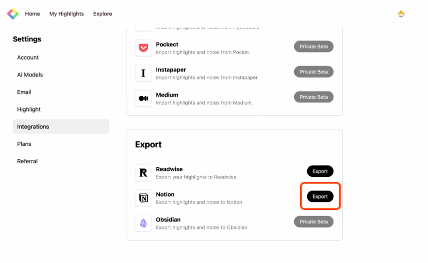 Di bagian Export, ada logo Notion dan silakan klik “Export”.