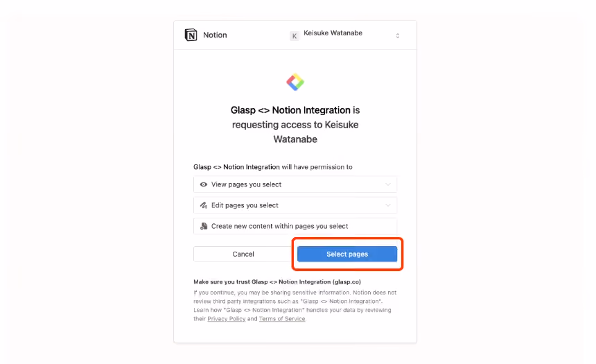 Masuk ke halaman Notion, klik “Select Pages”.
