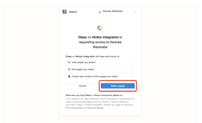 Masuk ke halaman Notion, klik “Select Pages”.