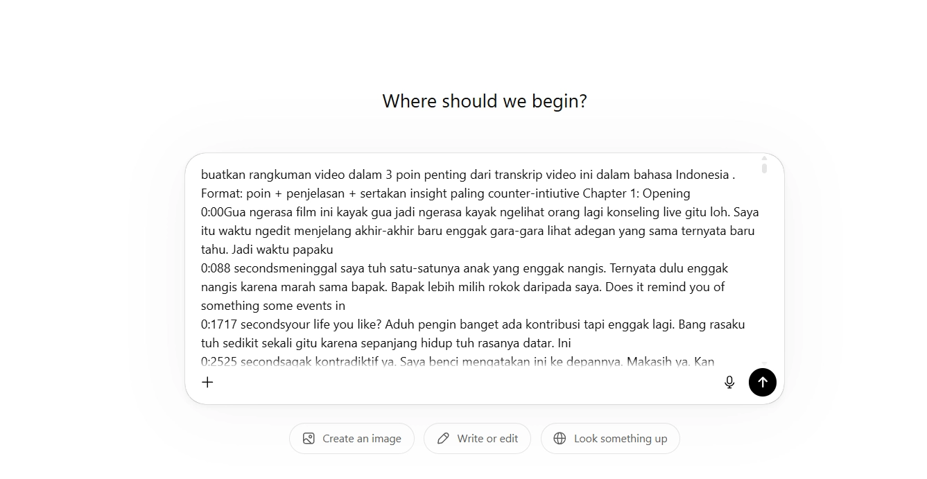 Buka ChatGPT, lalu tulis prompt yang meminta merangkum video dari transkrip tersebu