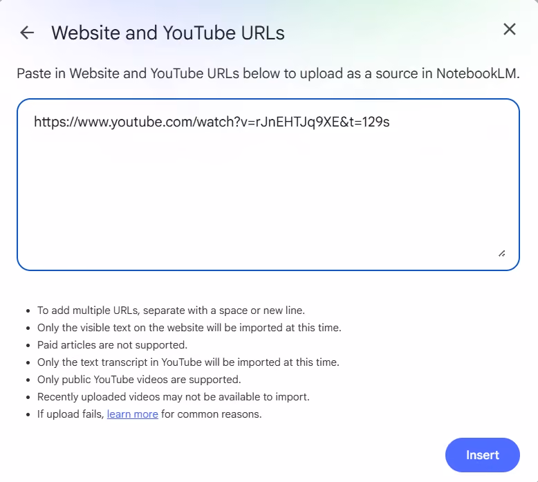 masukkan tautan YouTube yang hendak dirangkum dan klik “Insert”