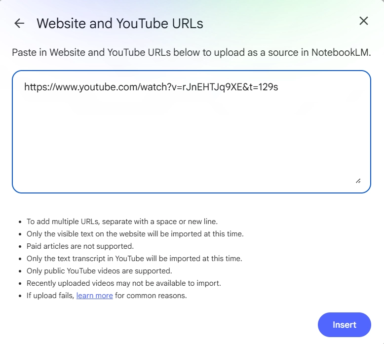 masukkan tautan YouTube yang hendak dirangkum dan klik “Insert”