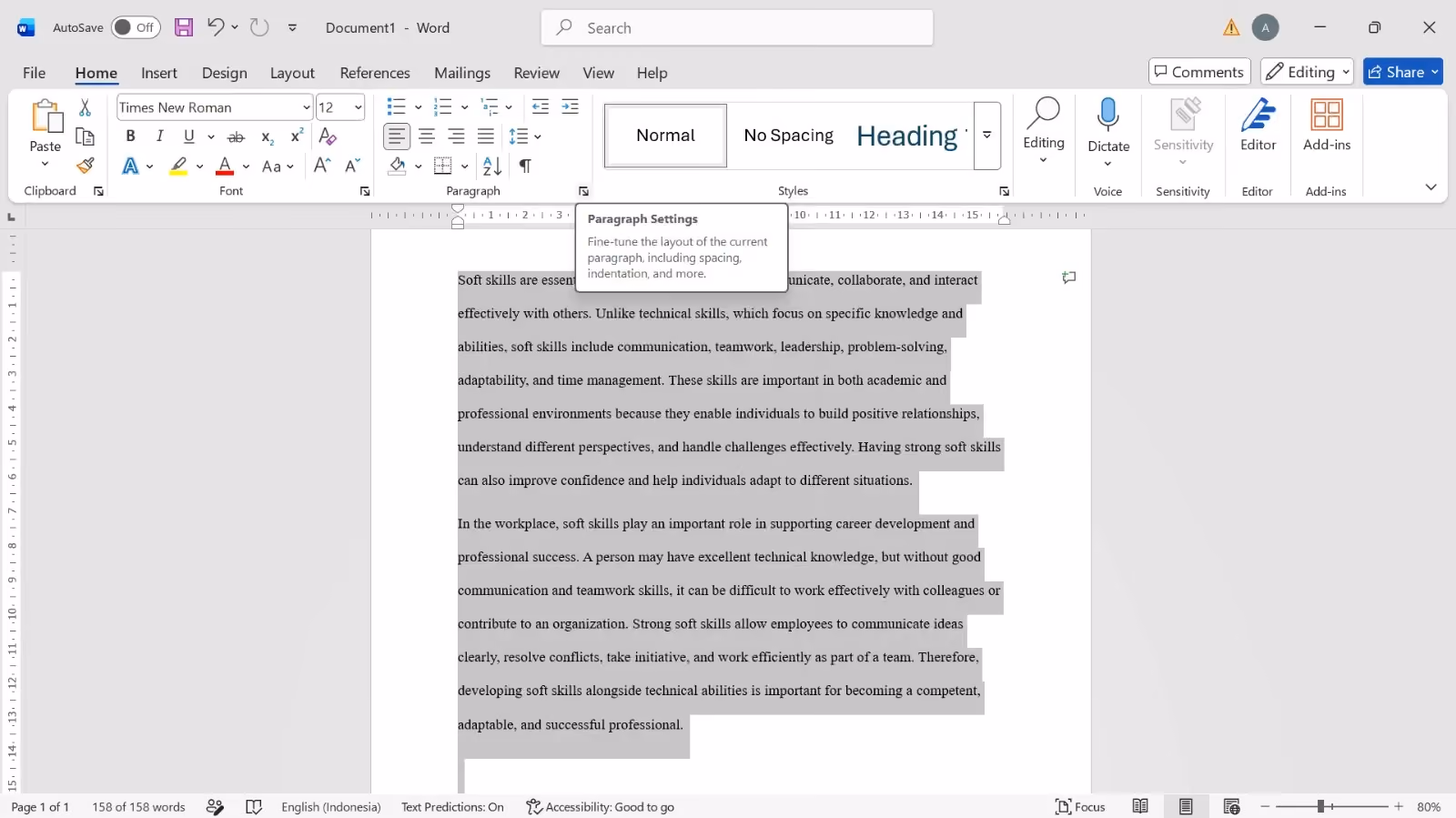 Buka dialog Paragraph (Tab Home → Dialog Box Launcher di grup Paragraph)