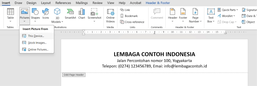 “Insert”, pilih “Pictures” lanjut ke “This Device”