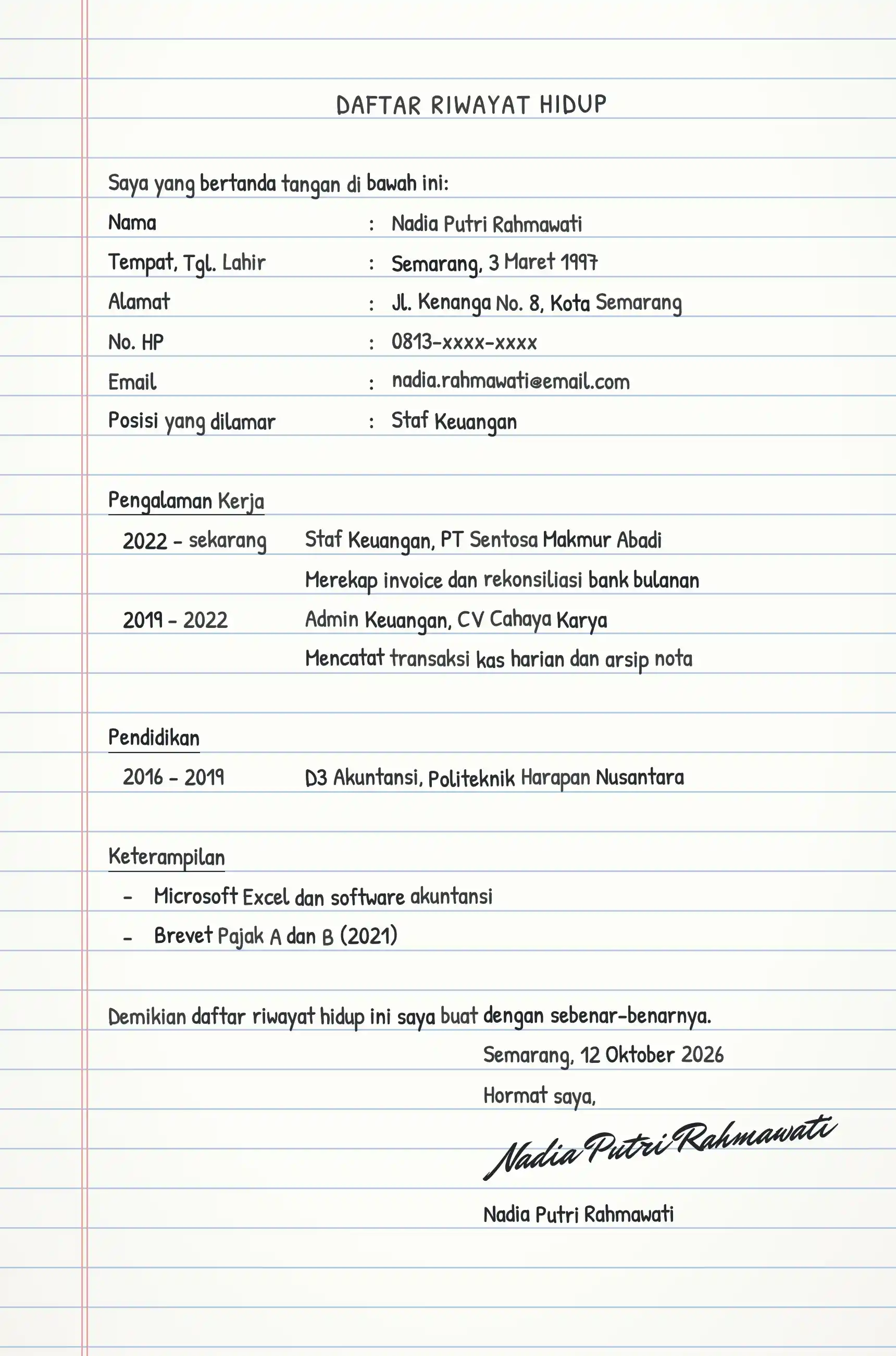 Contoh CV tulis tangan dengan pengalaman kerja yang diurutkan dari yang terbaru