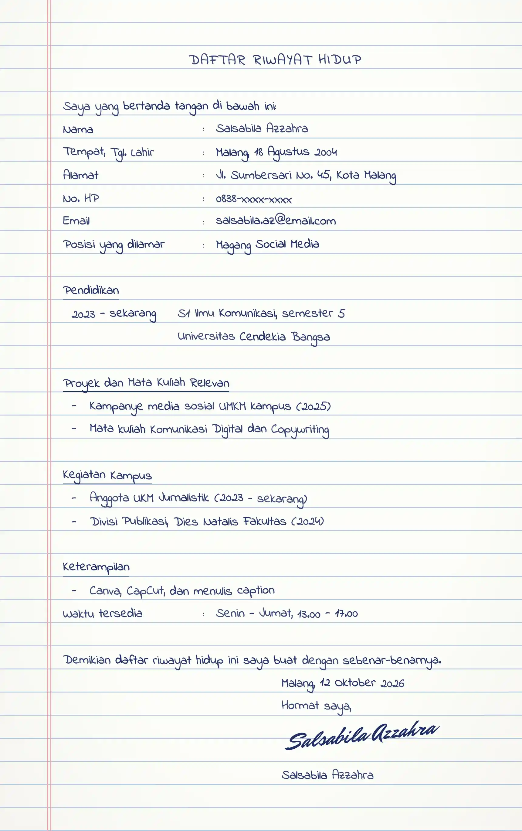 Contoh CV tulis tangan mahasiswa untuk melamar magang atau kerja paruh waktu