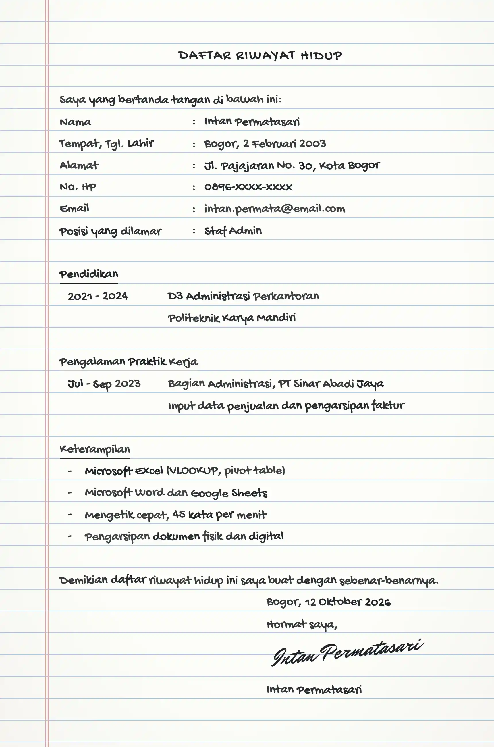 Contoh CV tulis tangan simple untuk posisi admin dengan keterampilan administrasi dan Microsoft Office