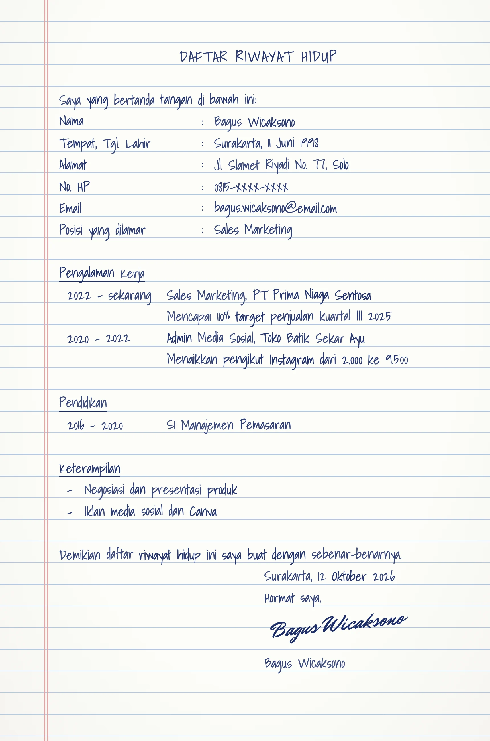 Contoh CV tulis tangan untuk posisi marketing dengan pengalaman dan pencapaian penjualan
