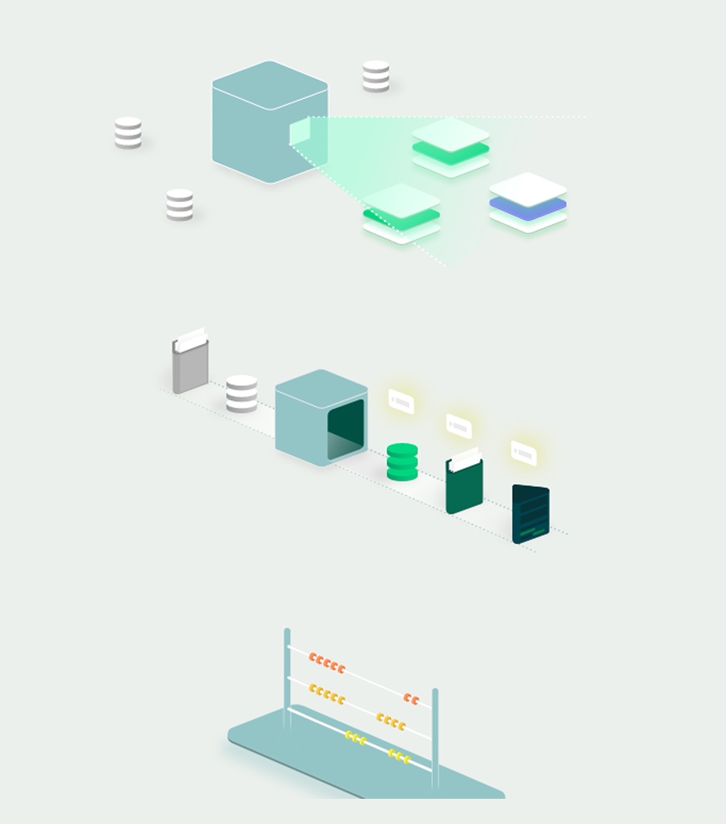 The isometric illustration system: cubes as data, green / yellow / red as risk