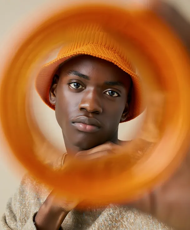 Portrait of a young man wearing an orange hat, viewed through a circular frame, with a thoughtful expression.
