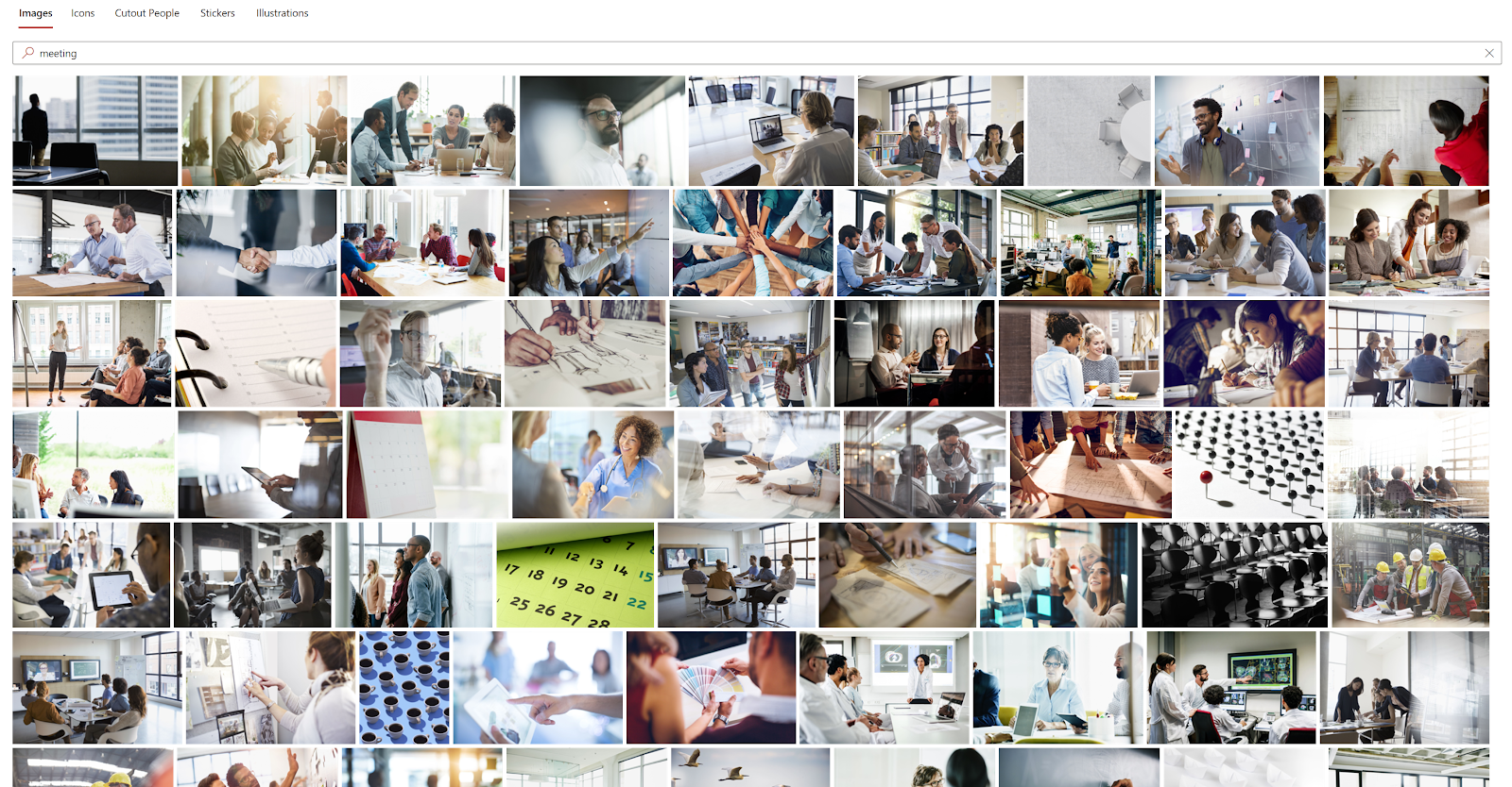 Screenshot of many images of meetings