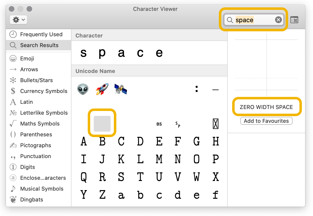 Character Viewer with search box and Zero Width Space highlighted.