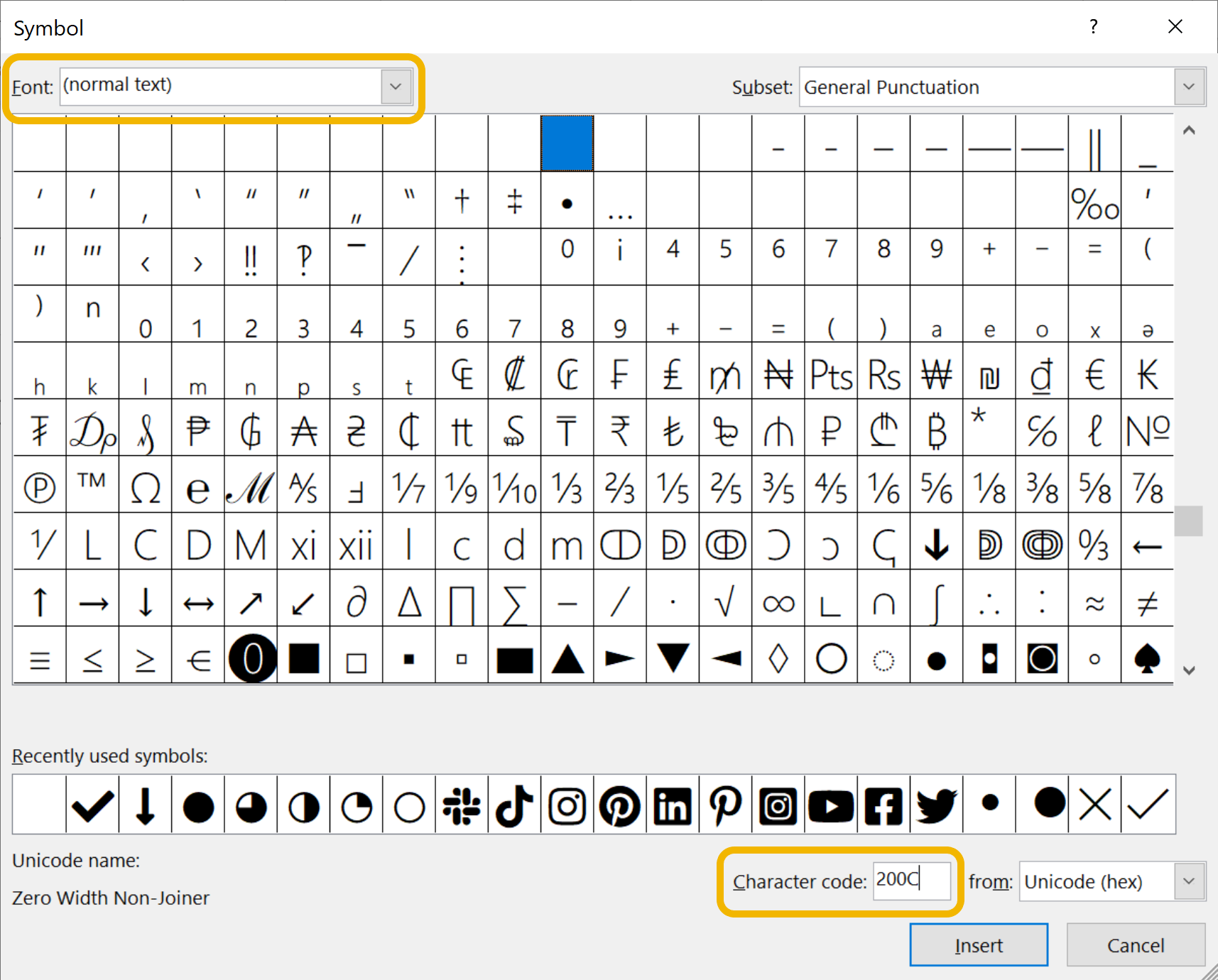 Windows insert Symbol dialog box with Font and Character code highlighted