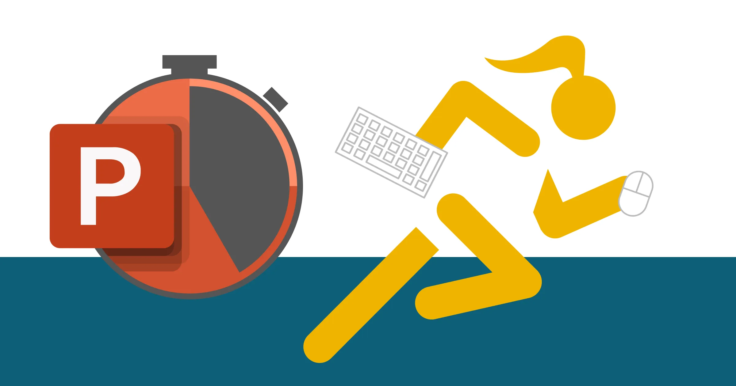 A stylised image showing the PowerPoint application icon as a stopwatch and an athlete sprinting with a keyboard in one hand and a mouse in the other