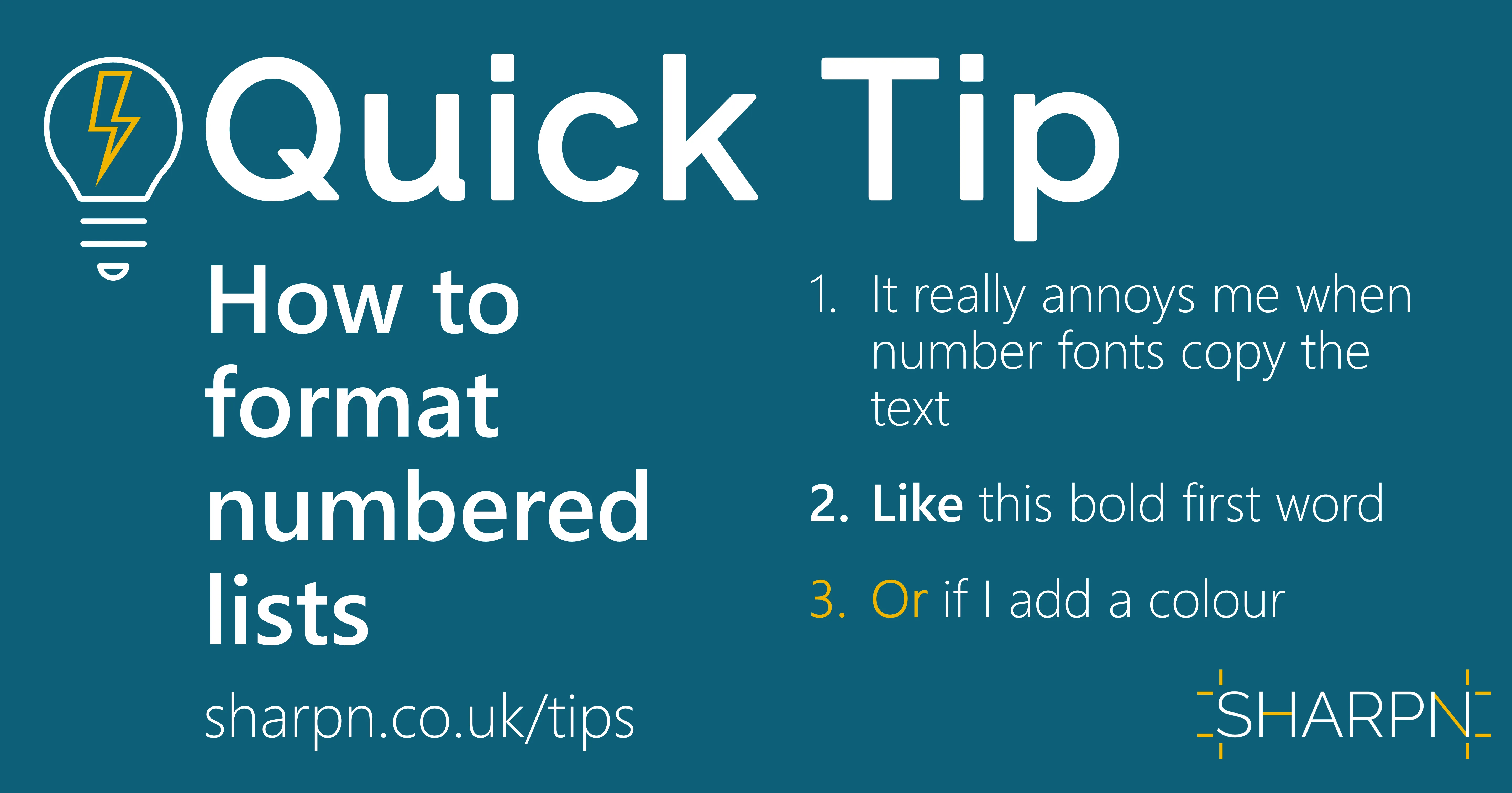 Graphic with title of slide and an example of a formatted number list