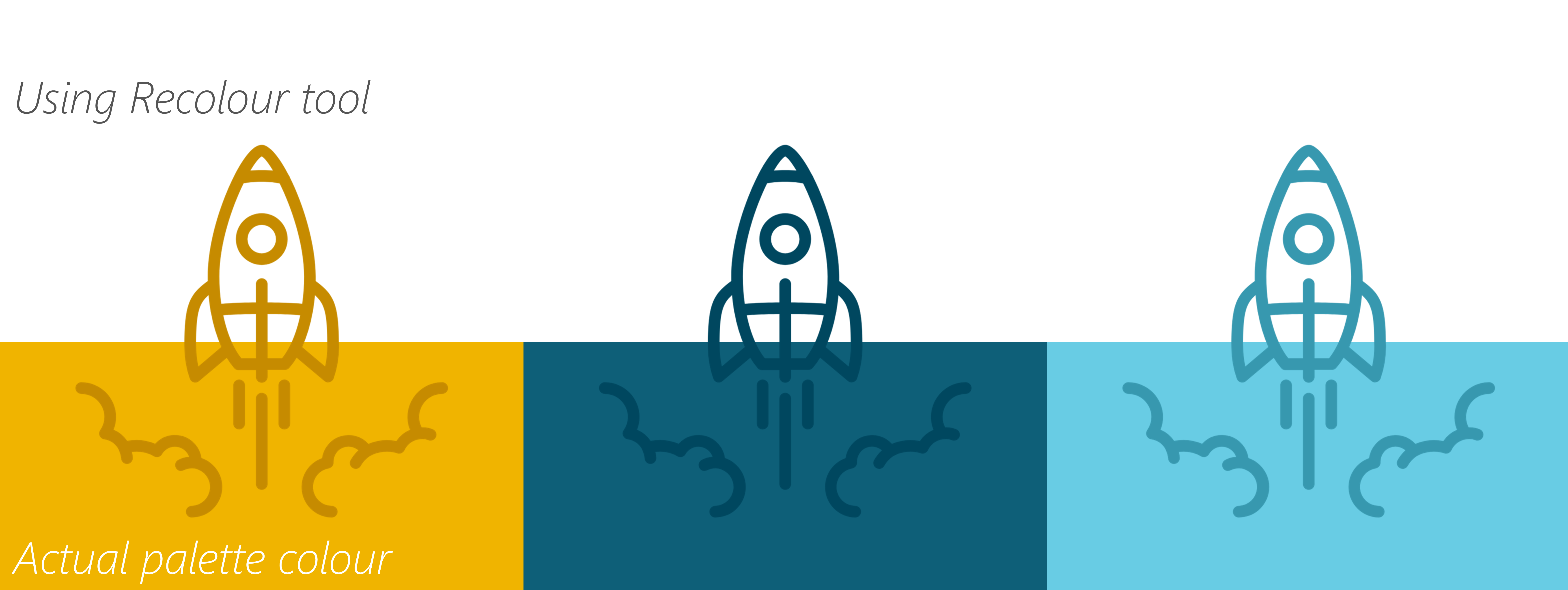 Illustration of a rocket icons recoloured using the image recolour tool, compared against the actual palette colour.