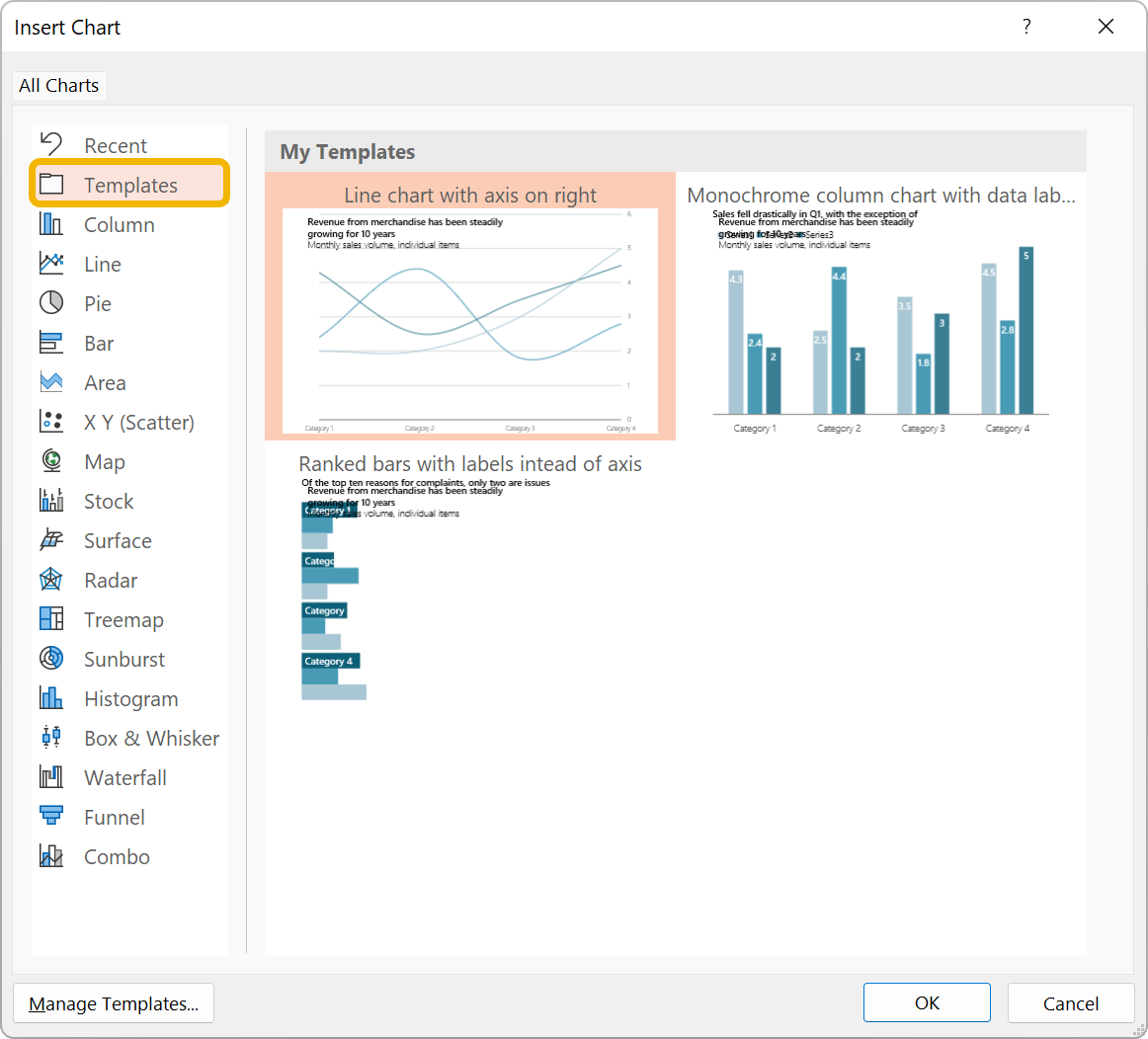 Screen shot of the Insert Chart dialog box with the Templates option selected.