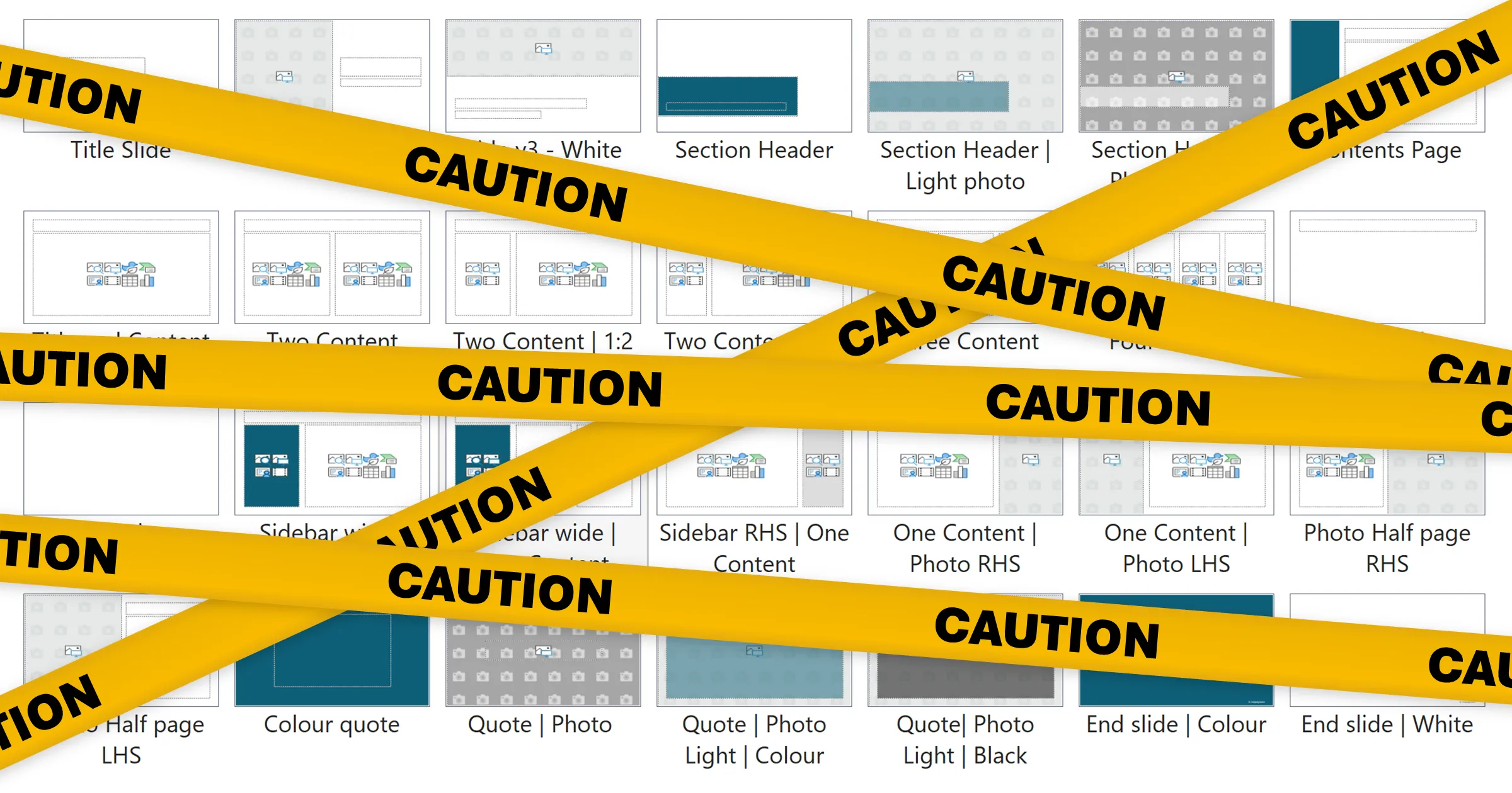 A graphic showing the PowerPoint insert layout dropdown, covered with yellow 'caution' tape