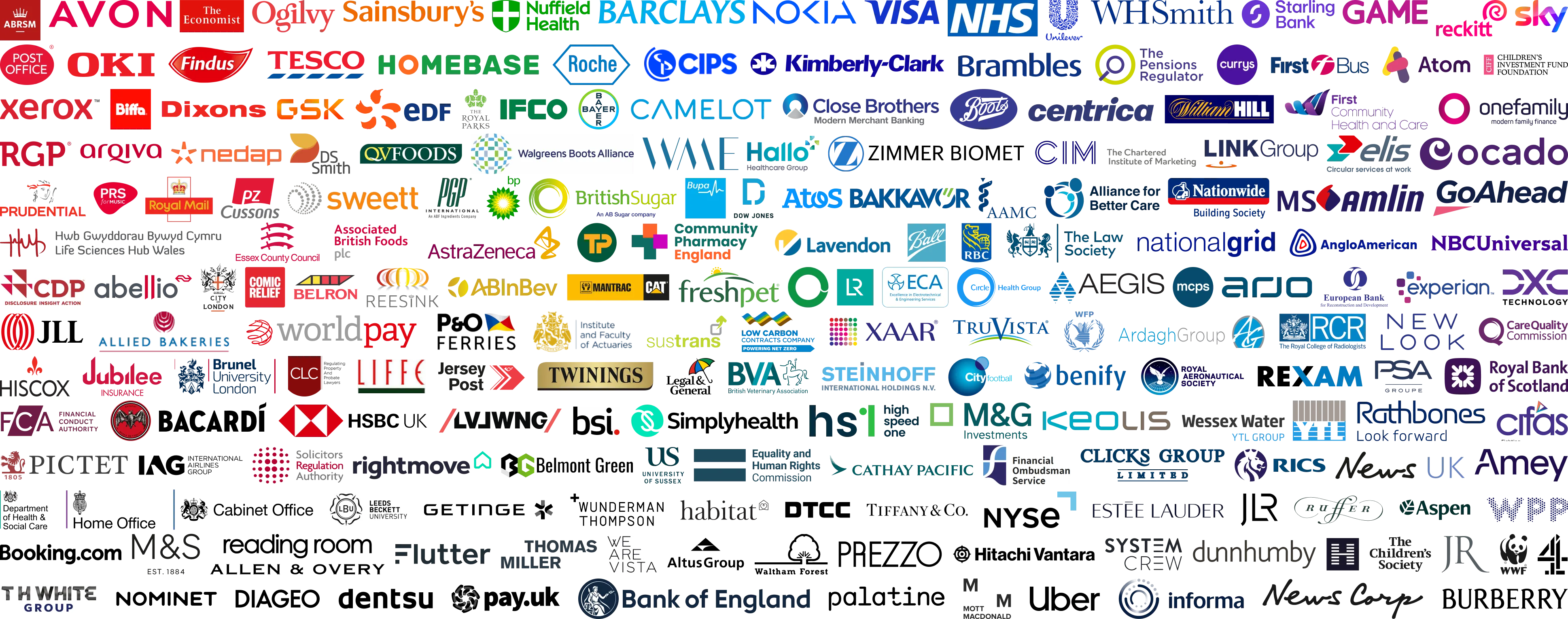 A rectangular logo cloud comprising a few hundred different logos, arranged by colour 