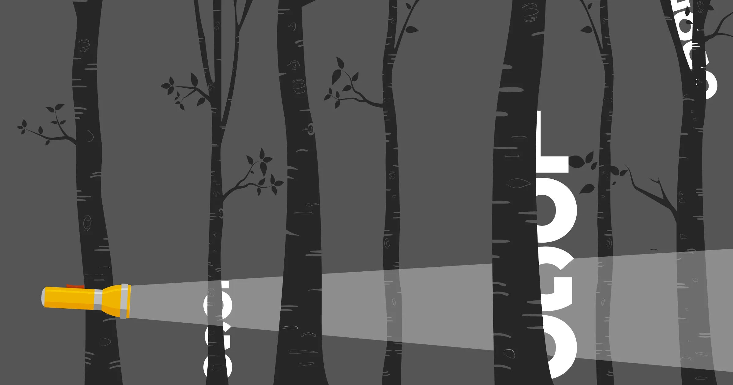 A graphic of a forest at night, with a flashlight illuminating some of the darkness. Behind the trees can be see the word 'Logo' hiding in three places.