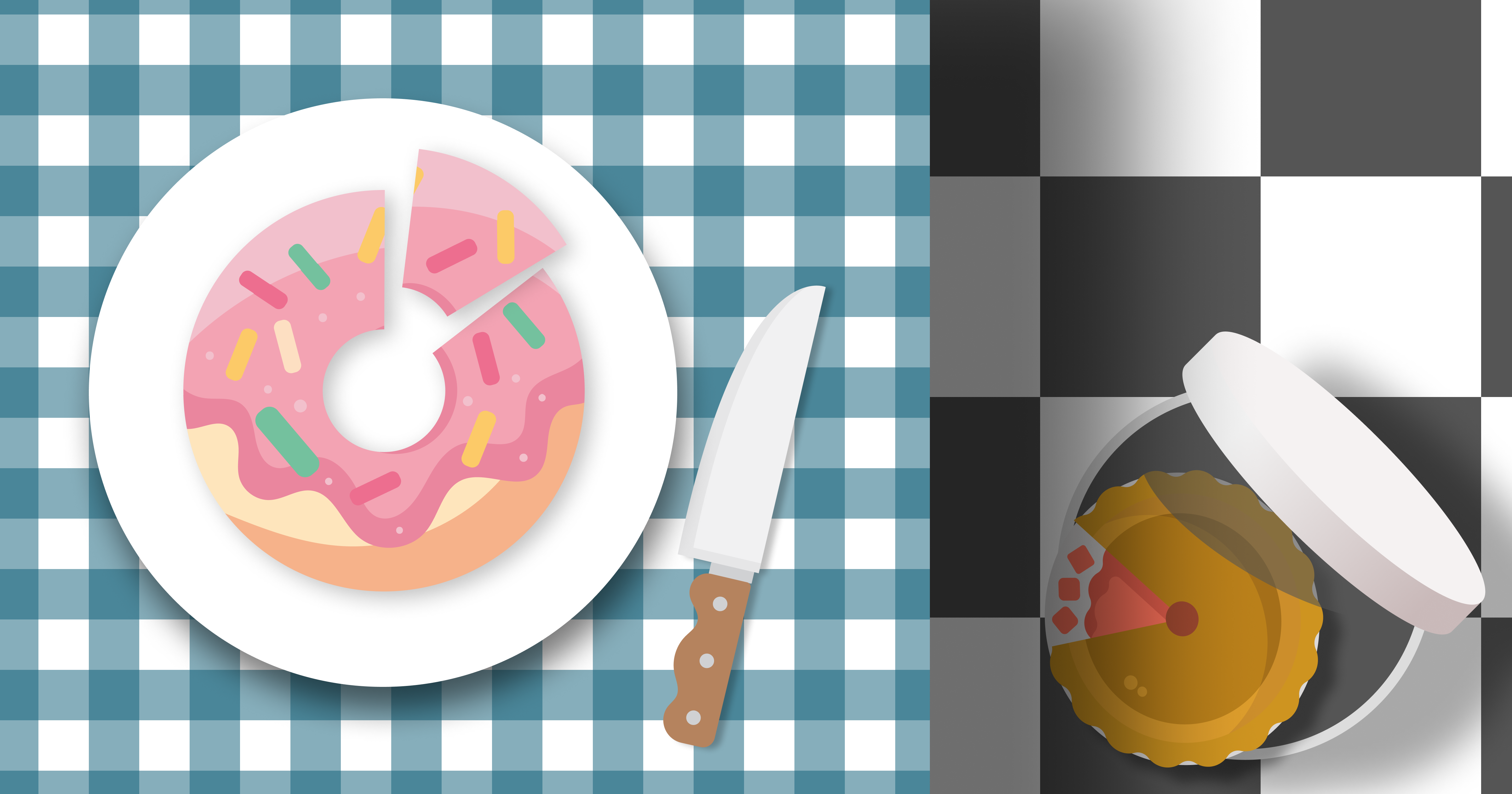 A graphic of a ring doughnut on a plat on a table, with a pie in a rubbish bin off to one side