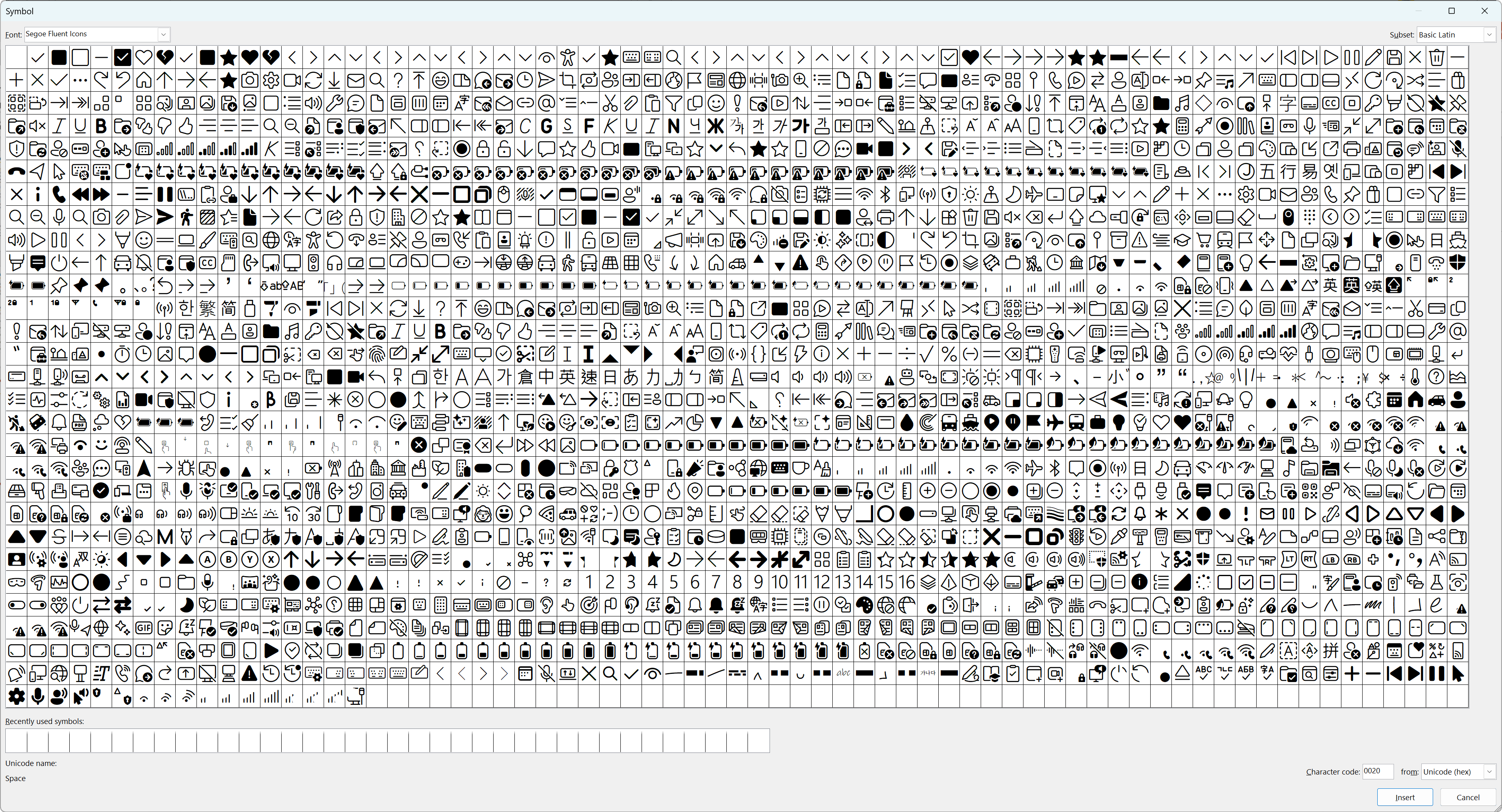The Insert Symbol dialog box, showing most of the Segoe Fluent Icons 