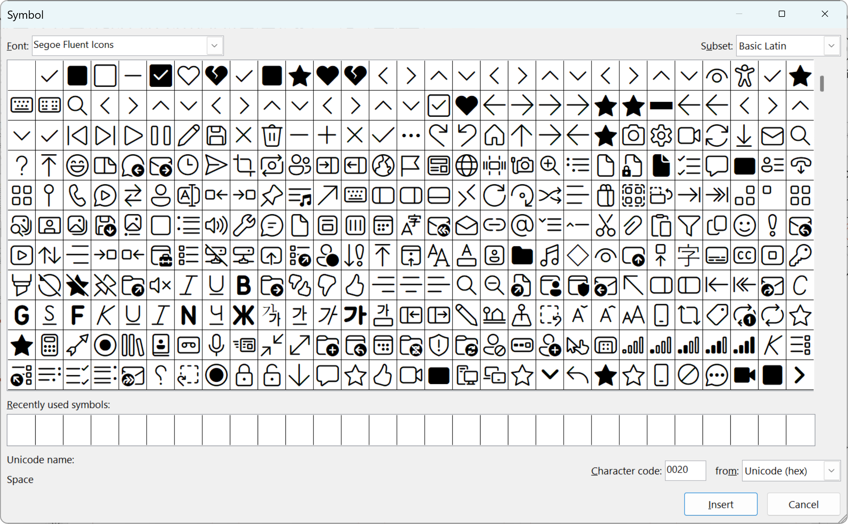 Example of the Insert Symbol dialog box