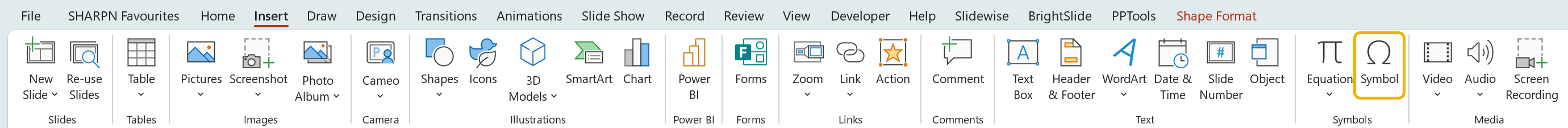 The Insert tab on the PowerPoint ribbon