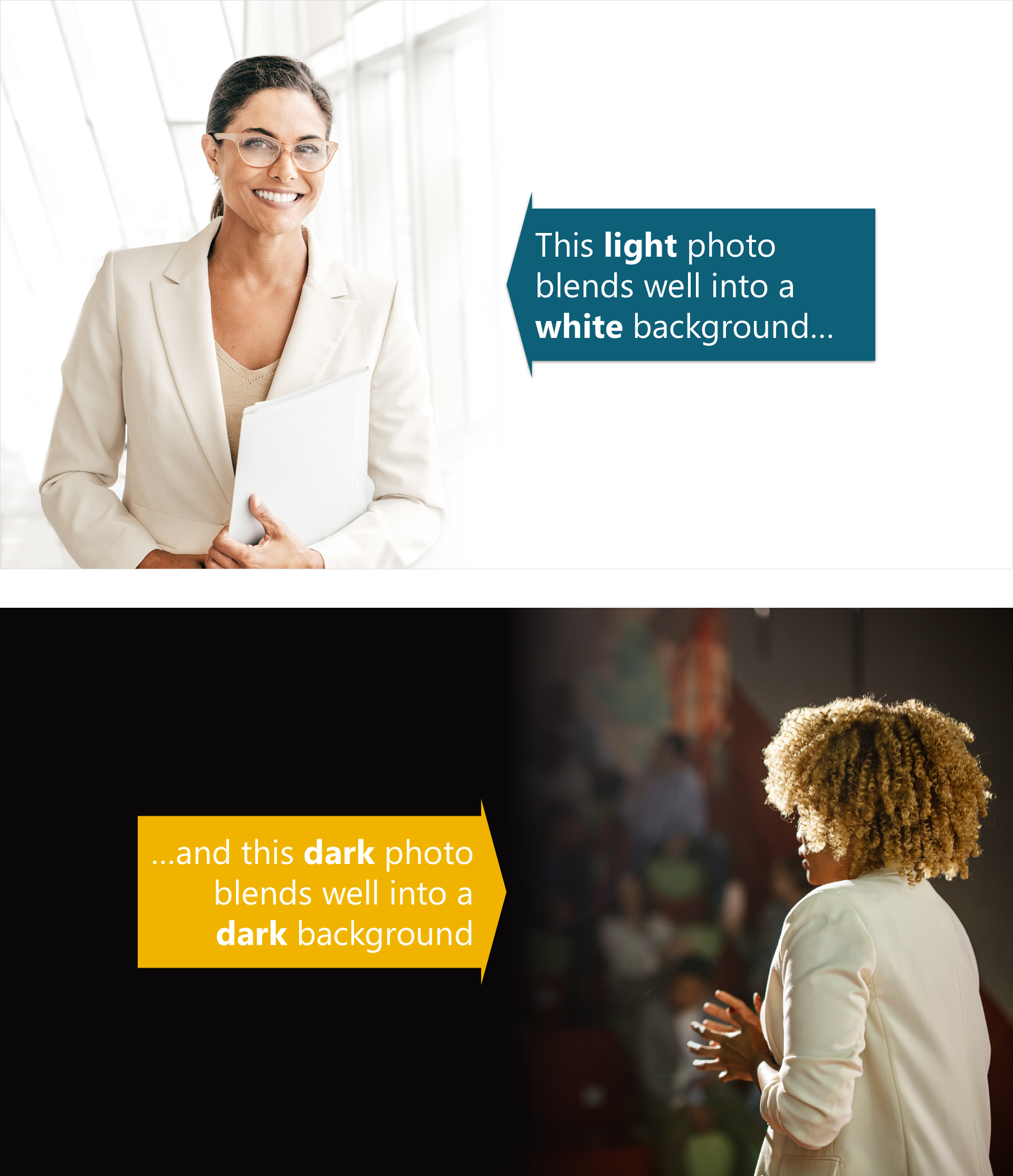 An image of a woman against a light background, slowly fading into white with a blue arrow indicating where the blend is. Below that, an image of a woman against a dark background, slowly fading into black with a yellow arrow indicating where the blend is.