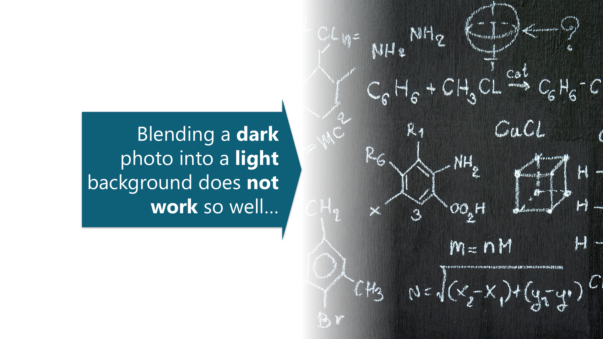 An image of a blackboard fading into a white background with a blue arrow indicating where the blend is.