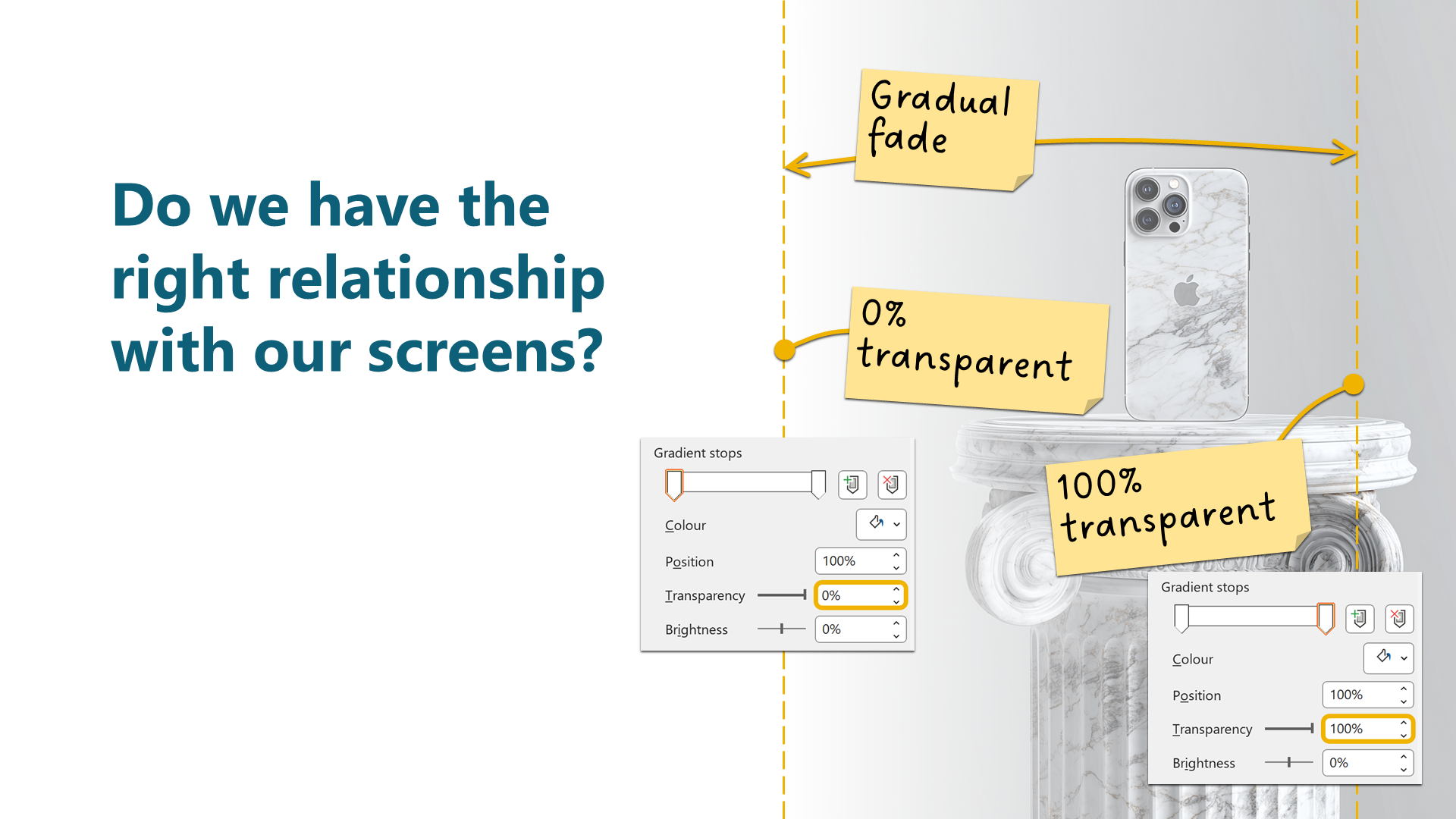A screenshot of the transparency gradient being put in place with annotations. to illustrate Step 2 above
